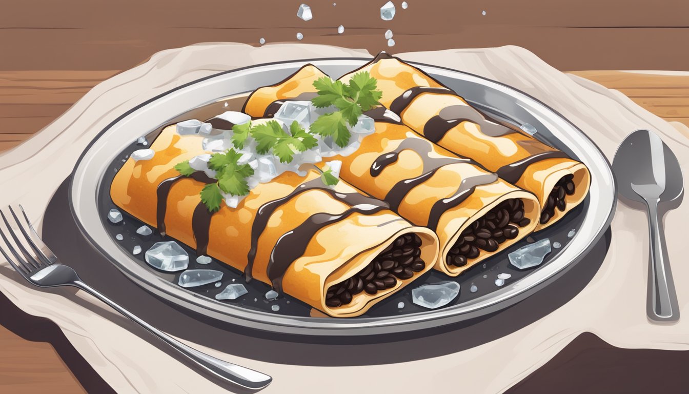 A plate of black bean enchiladas sits on a table, surrounded by ice crystals melting into a puddle of water