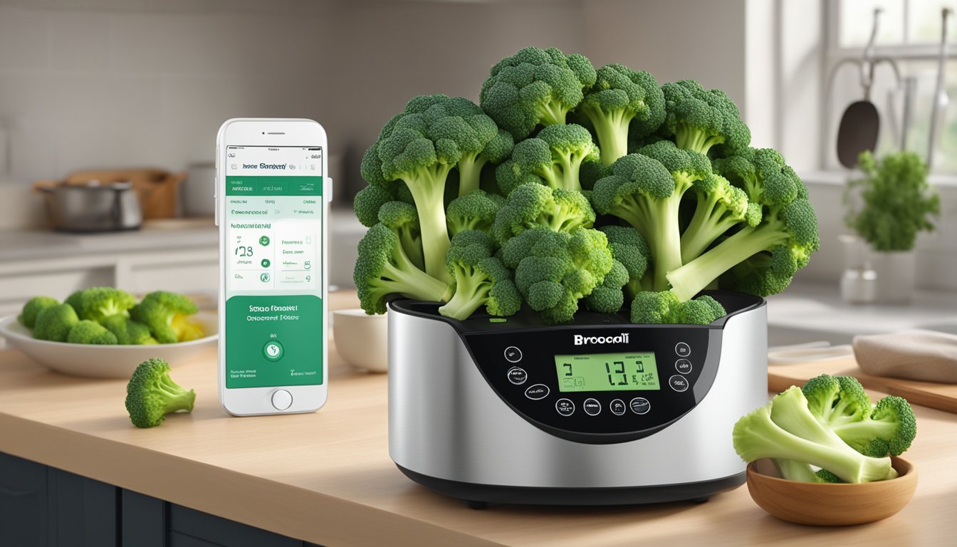 A steaming bag of Birds Eye Steamfresh broccoli florets sits on a kitchen counter, with a timer set for the recommended cooking time