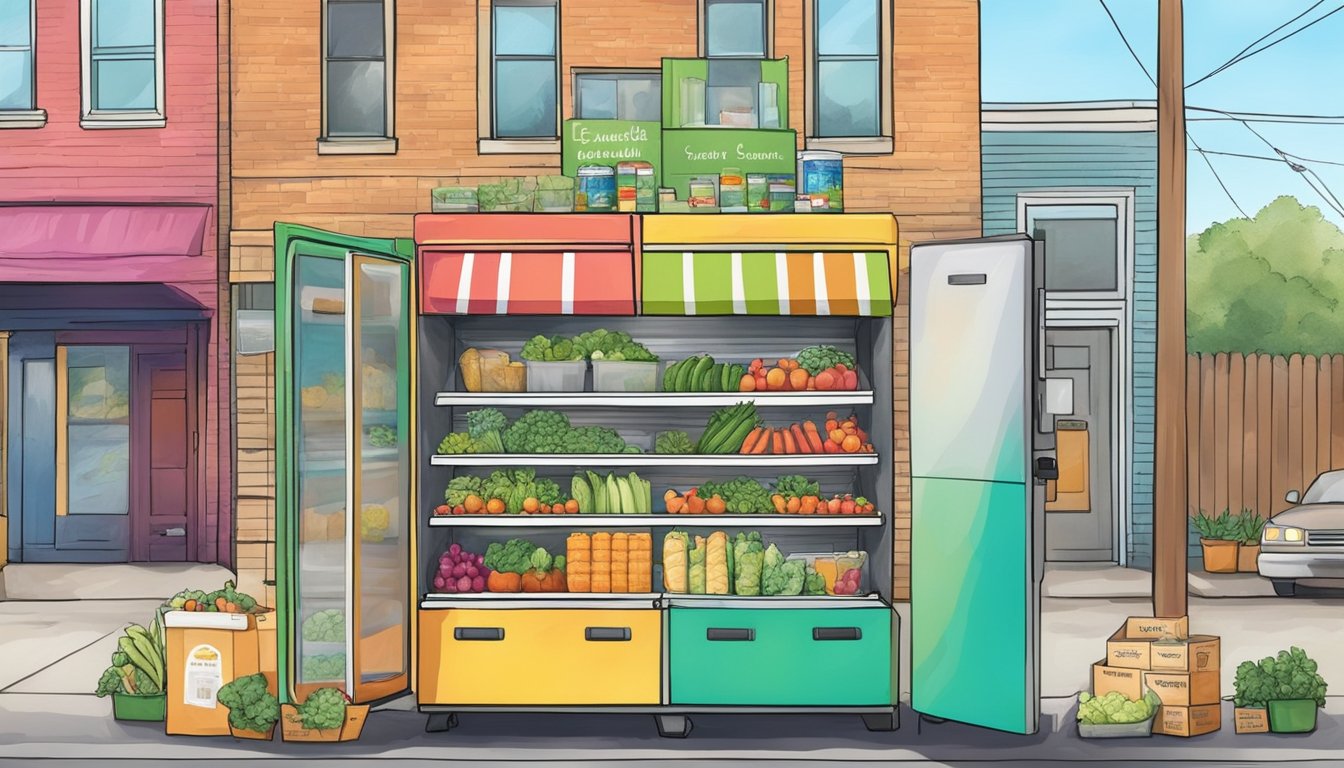 A colorful community fridge stands in a busy Shreveport neighborhood, filled with fresh produce and packaged goods. People come and go, contributing to and taking from the communal resource