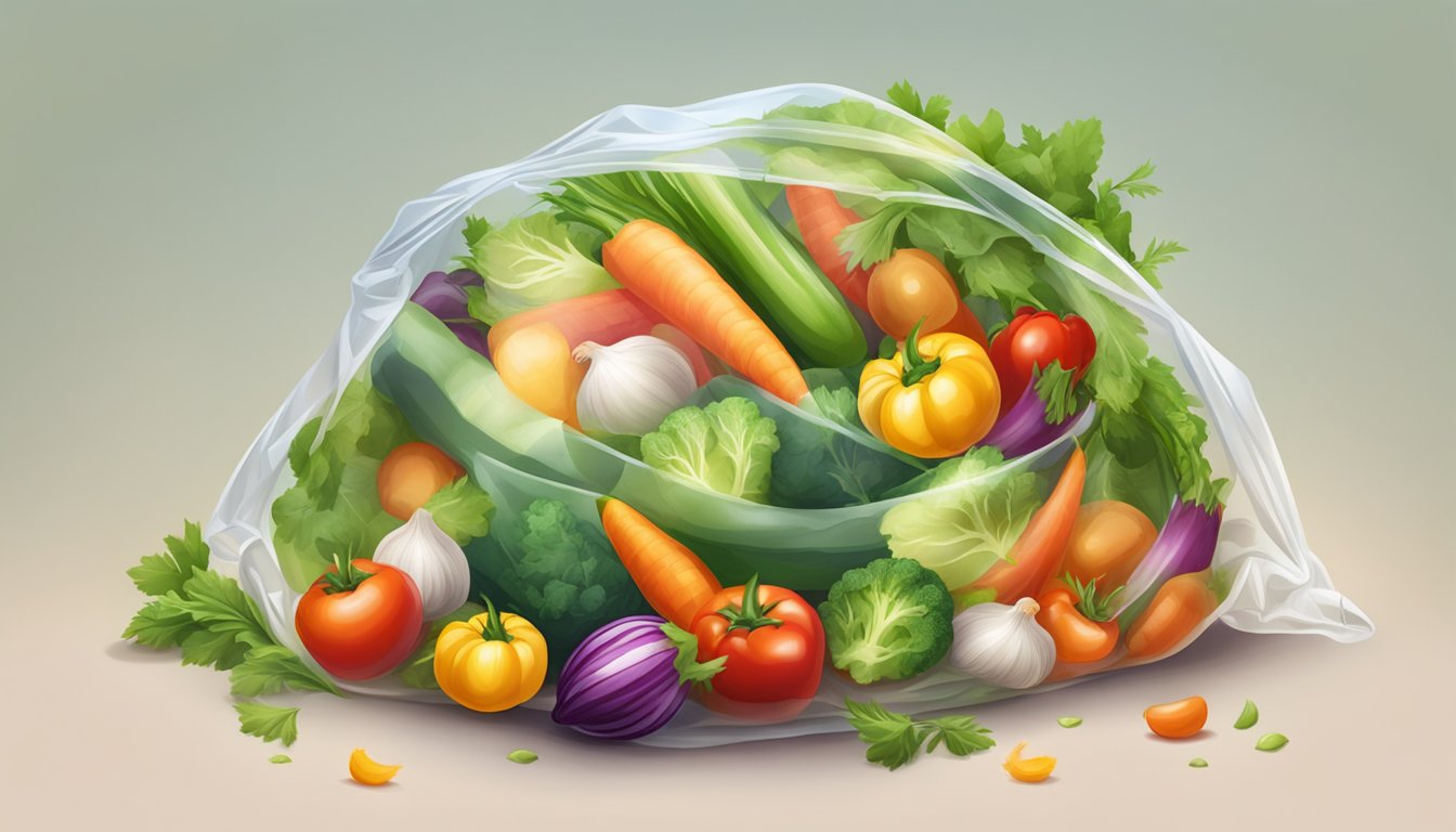 A colorful pile of fresh mixed vegetables in a transparent bag, surrounded by lush greenery and chirping birds