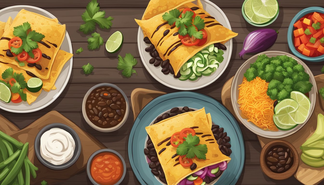 A plate of black bean enchiladas with a variety of colorful vegetables and toppings, set on a rustic wooden table with a bowl of fresh salsa on the side