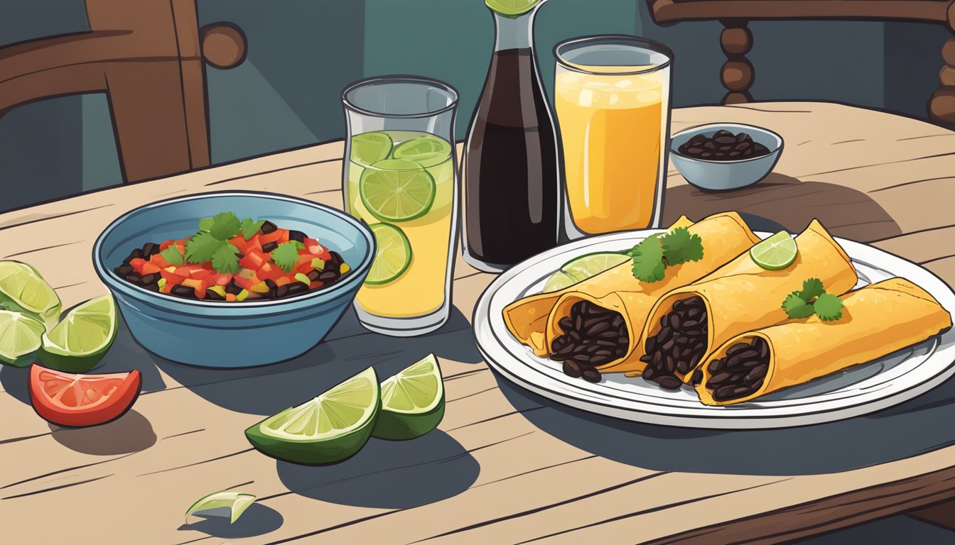 A table set with black bean enchiladas, rice, and salsa. A pitcher of margaritas and glasses nearby