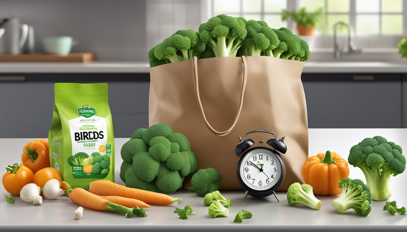 A bag of Birds Eye Steamfresh broccoli florets sits unopened on a kitchen counter, surrounded by fresh vegetables and a digital clock