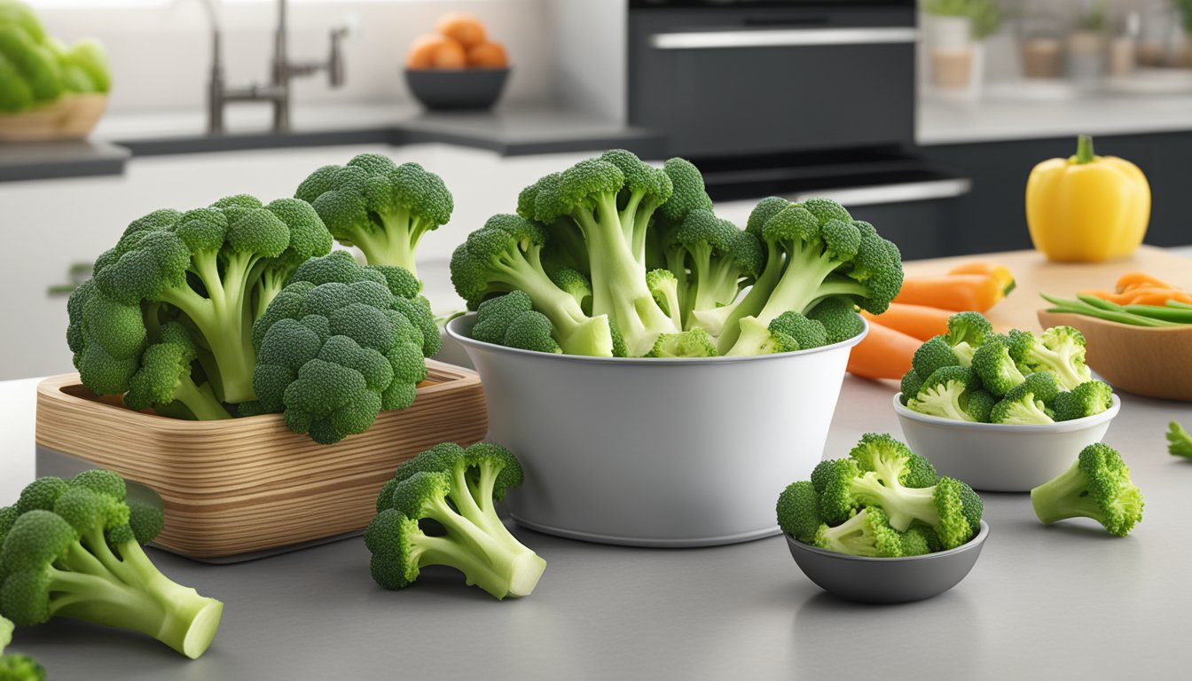 A bag of Birds Eye Steamfresh broccoli florets sits on a kitchen counter, surrounded by fresh vegetables and a clean, organized environment