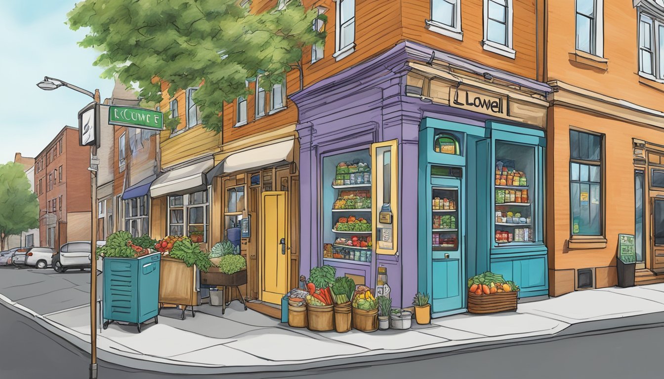 A bustling street corner in Lowell, MA, with a colorful community fridge adorned with local artwork and filled with fresh produce and pantry items