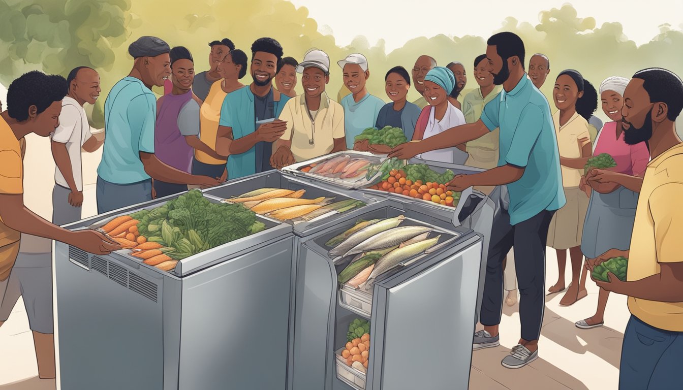 A diverse group of people from the local community gather around a community fridge, exchanging fresh fish and produce