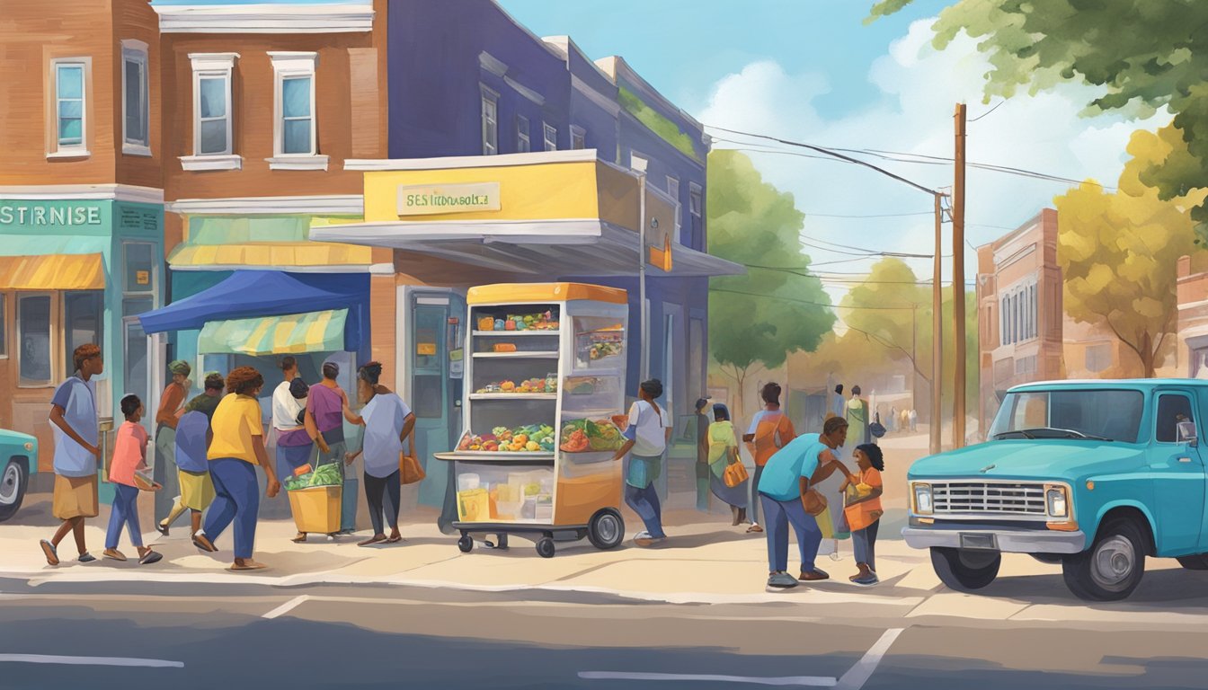 A bustling street corner in Shreveport, Louisiana, with a colorful community fridge surrounded by people dropping off and picking up food items