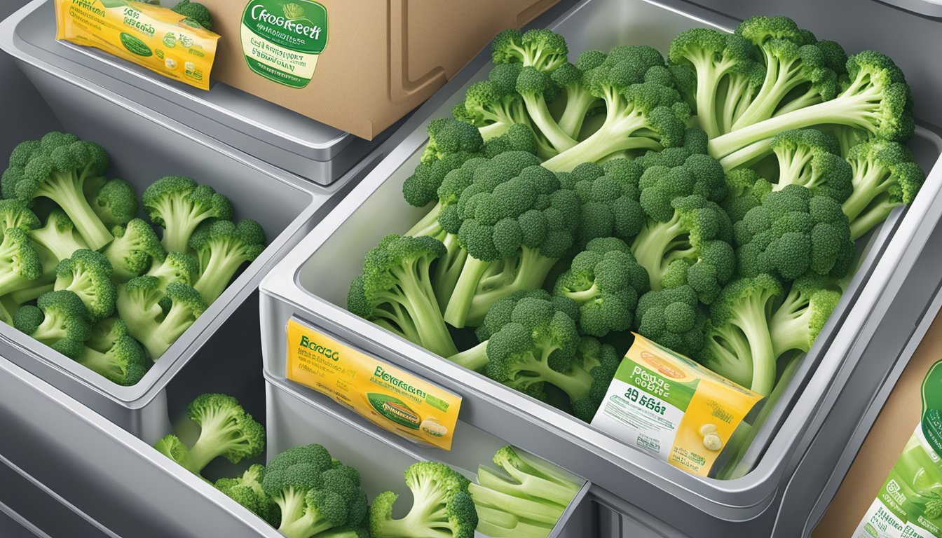 A bag of Birds Eye Steamfresh broccoli florets sits in a refrigerator next to other produce. The packaging is clearly labeled with the expiration date