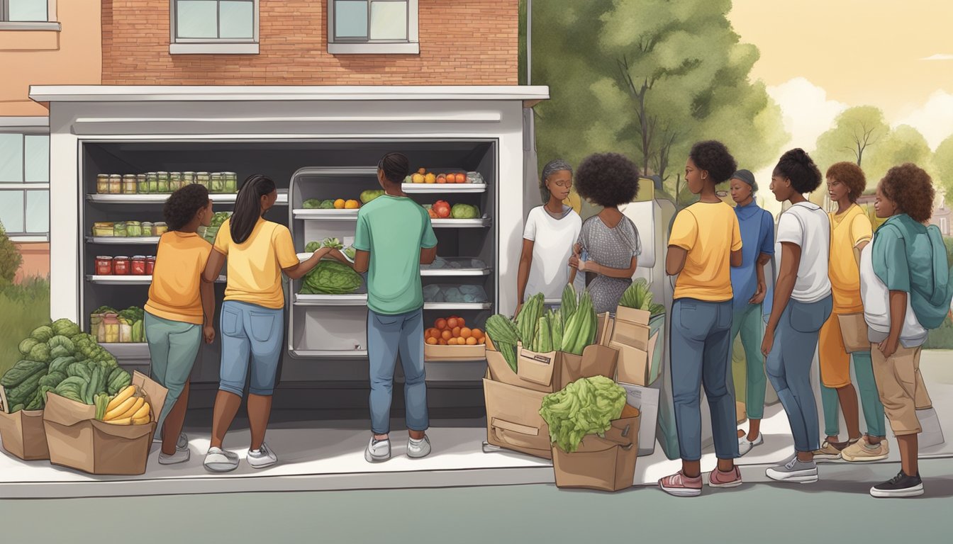 A group of volunteers stock a community fridge with fresh produce and canned goods in a neighborhood setting