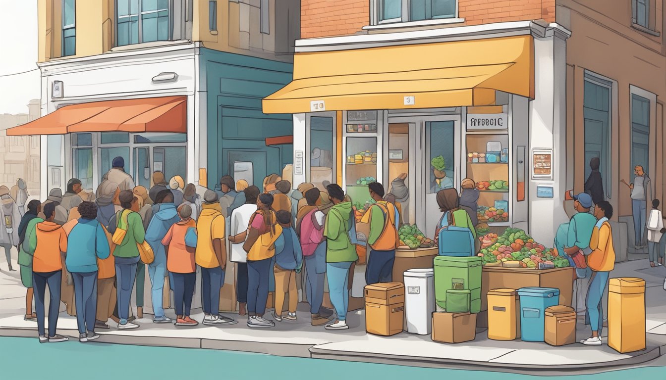 A bustling street corner with a colorful community fridge surrounded by people donating and taking food. Nearby, a group of volunteers organize a community development event