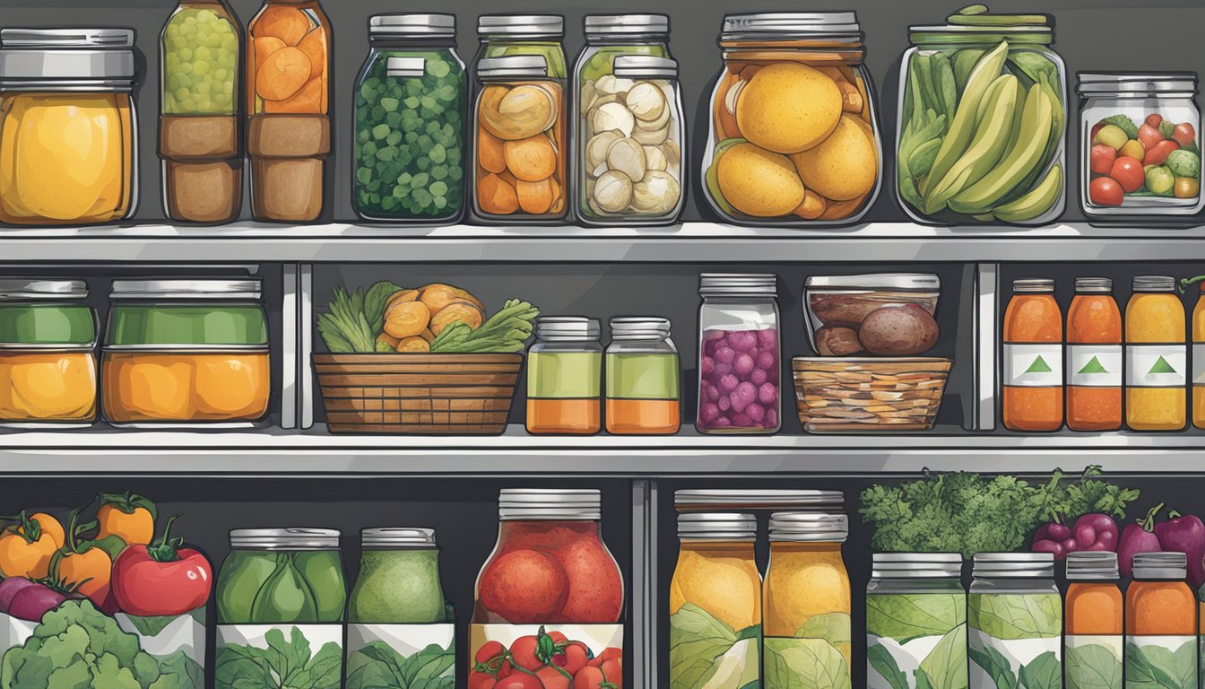 A colorful array of fresh produce, canned goods, and packaged foods arranged neatly in a community fridge, with the Fisher's Local Entities logo prominently displayed