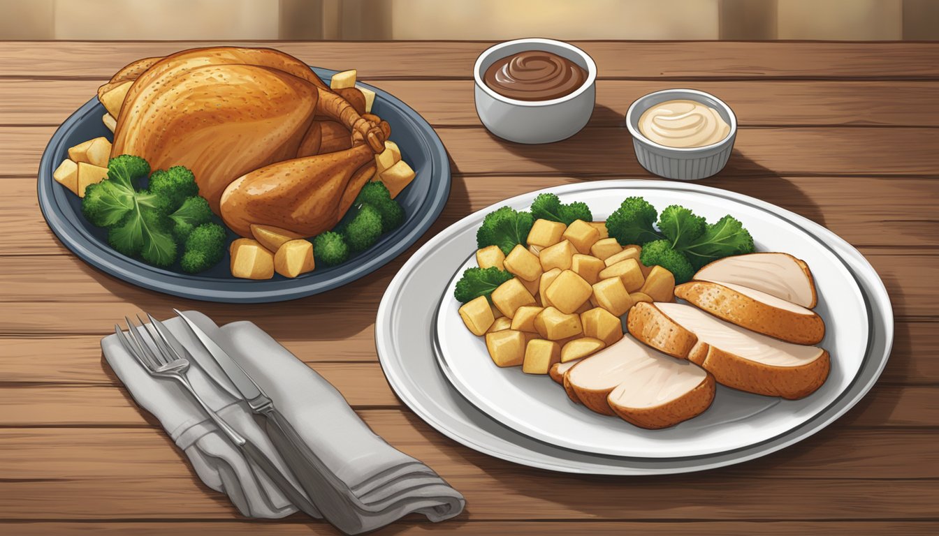 A plate of Boston Market Turkey Breast Medallions with sides, on a rustic wooden table