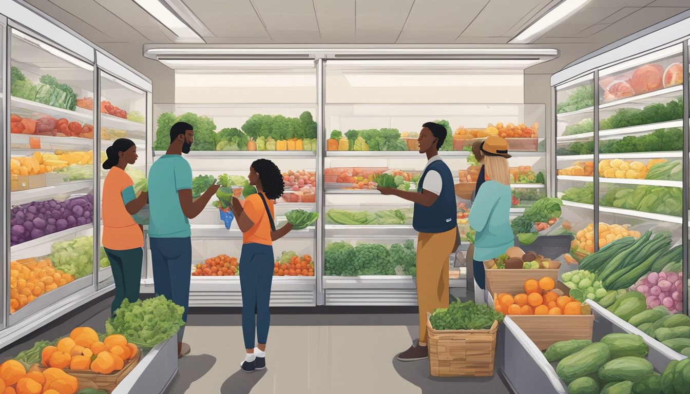 A diverse group of people donate fresh produce and packaged goods to a community fridge, following clear guidelines and best practices