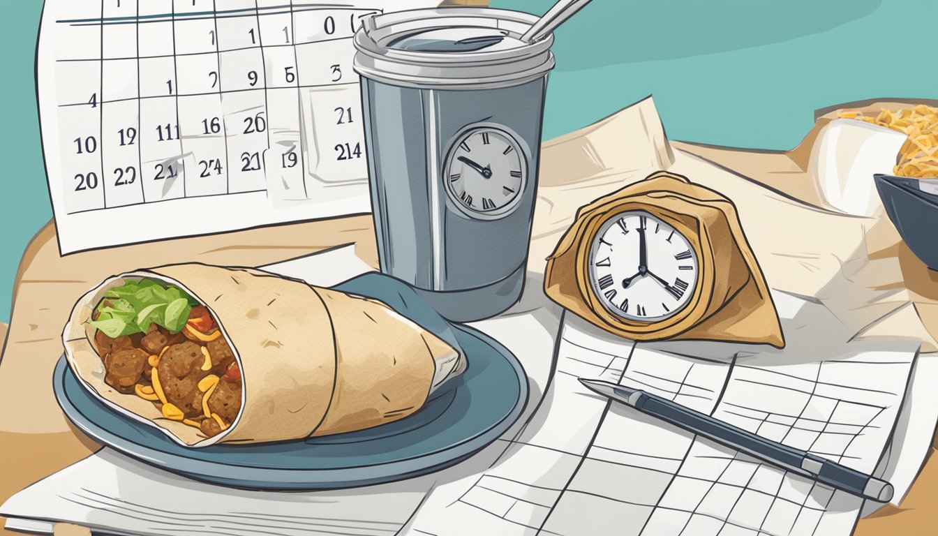 A breakfast burrito sits on a plate, covered in foil, next to a calendar showing the current date and a clock indicating the time. A faint odor of spoilage emanates from the burrito