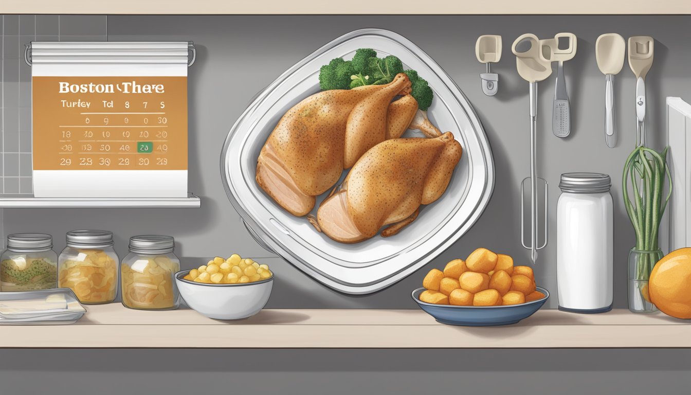 A kitchen shelf with a package of Boston Market turkey breast medallions, surrounded by a calendar, thermometer, and storage guidelines