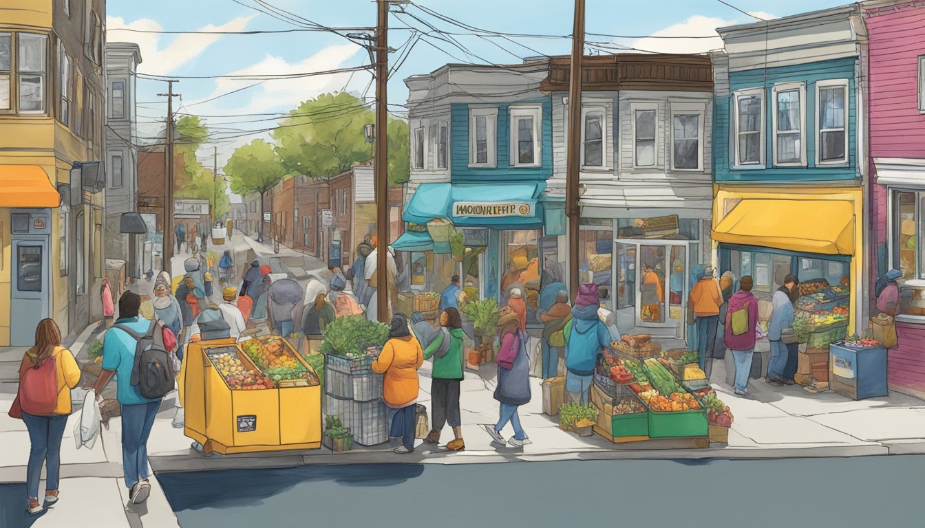 A bustling street corner in Quincy, MA with a brightly painted community fridge surrounded by diverse individuals dropping off and picking up food items