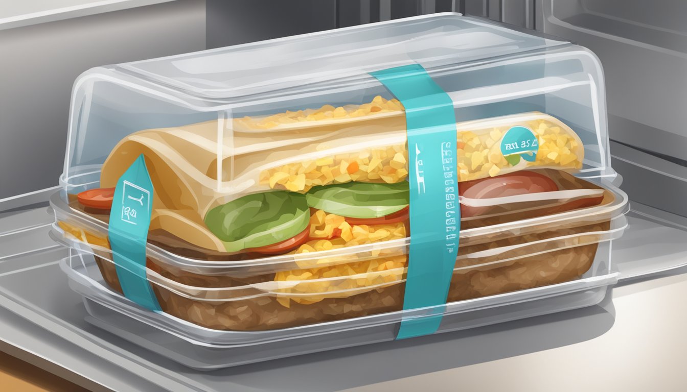 A stack of breakfast burritos wrapped in foil, stored in a labeled container in the refrigerator, with a date written on the lid