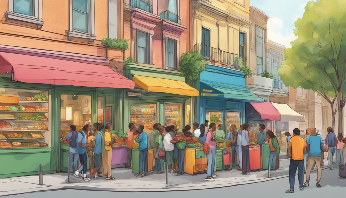 A bustling street corner with a vibrant community fridge surrounded by diverse people exchanging food and goods