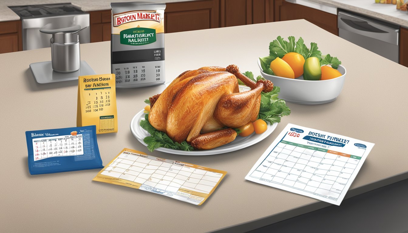 A kitchen counter with a package of Boston Market turkey breast medallions, a calendar showing the current date, and a food safety and quality indicator chart