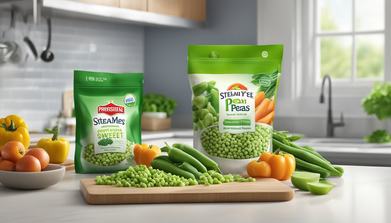 A bag of Birds Eye Steamfresh Sweet Peas sits on a clean, well-lit kitchen counter, surrounded by other frozen vegetables and a digital timer