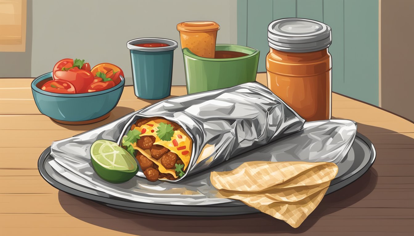 A breakfast burrito wrapped in foil, sitting on a plate next to a container of salsa. A clock on the wall shows the time passing