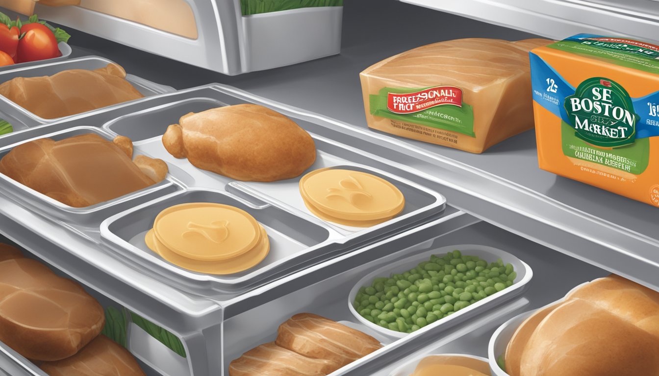 A package of Boston Market turkey breast medallions sits in a refrigerator next to other food items, with a "use by" date clearly visible on the packaging