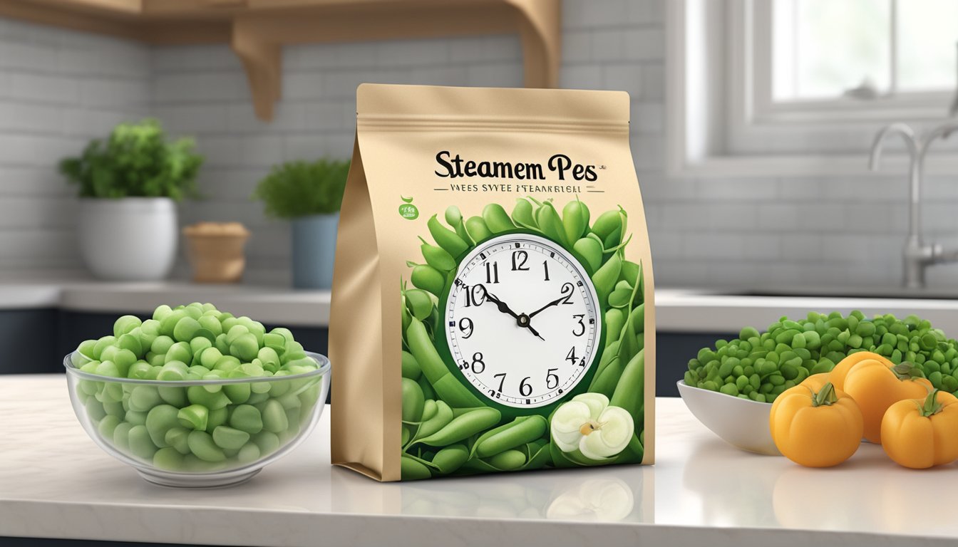 A bag of Birds Eye Steamfresh sweet peas sitting on a kitchen counter, with a clock in the background showing the current time