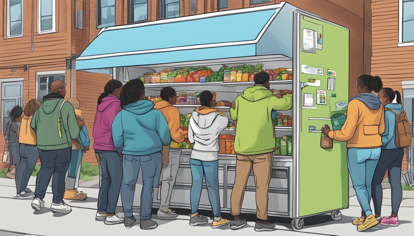 A local community fridge in Quincy, MA filled with donated food and surrounded by a diverse group of people accessing it