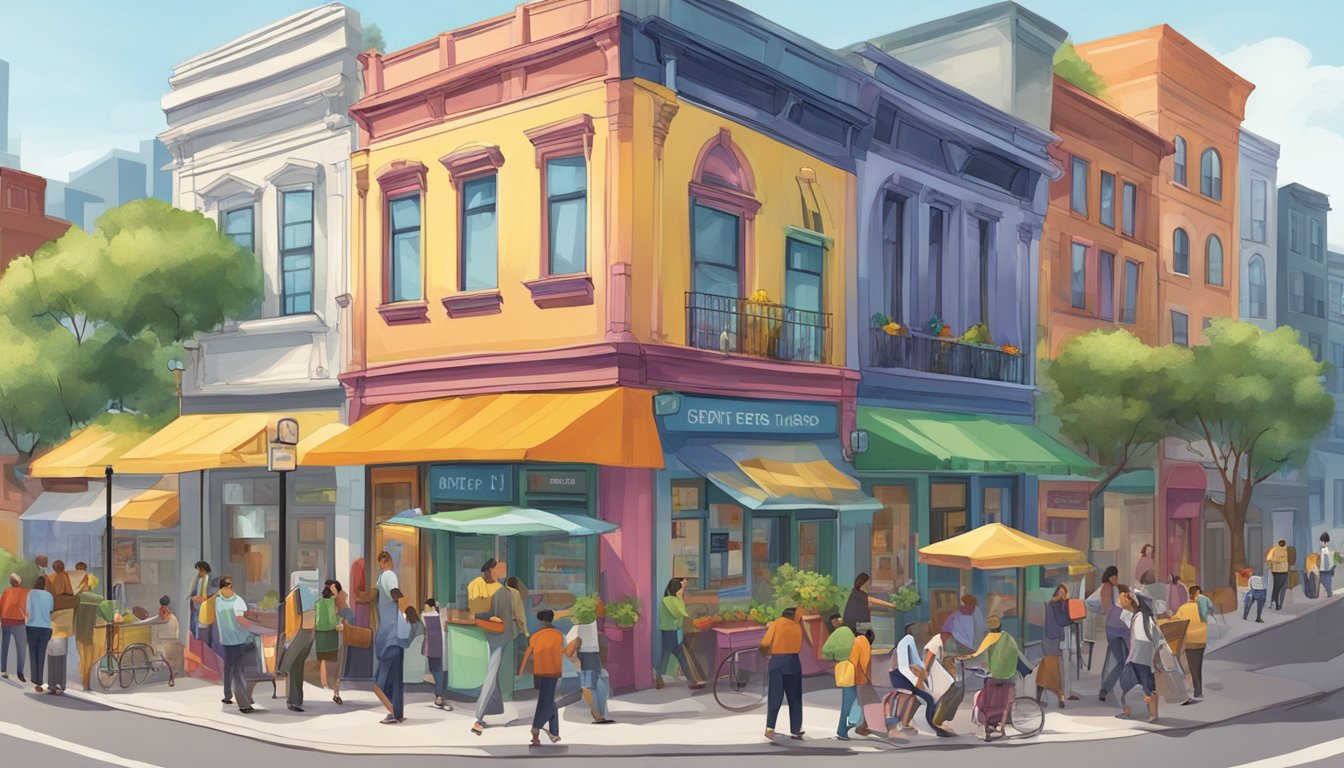 A bustling street corner with a colorful community fridge surrounded by diverse buildings and people coming and going