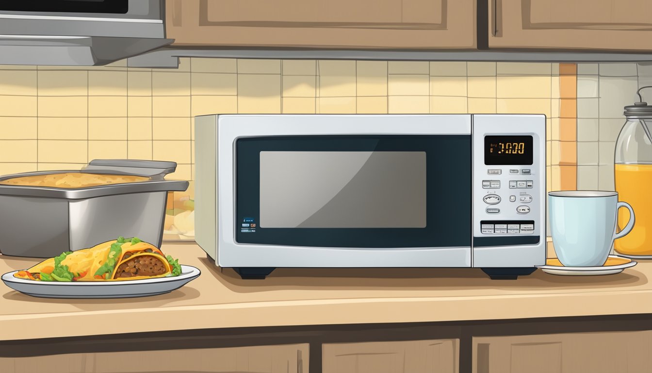 A microwave with a plate of breakfast burritos inside, a digital clock showing the time, and steam rising from the hot food