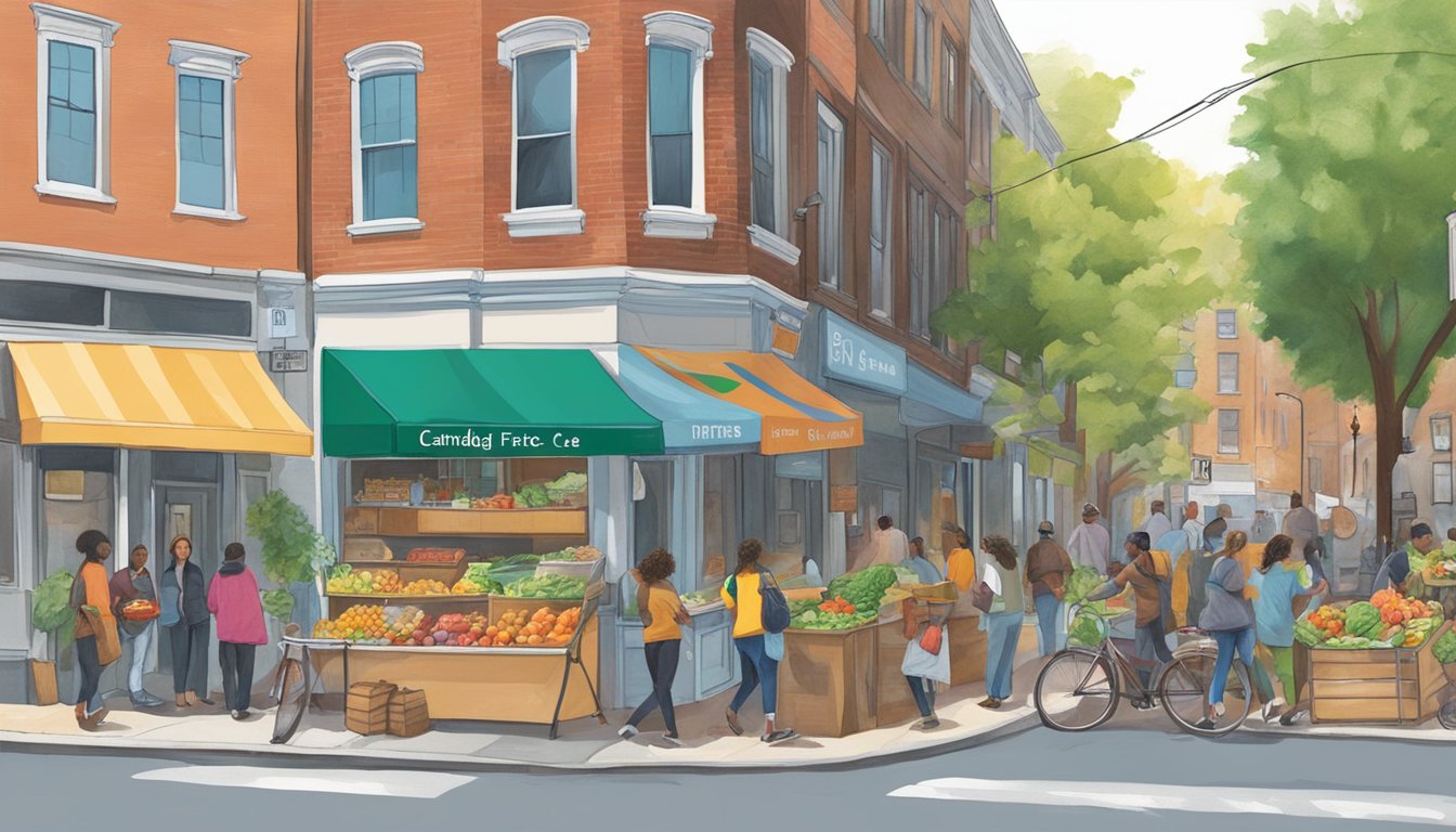 A bustling street corner in Cambridge, MA, with a colorful community fridge adorned with fresh produce and food donations. People come and go, contributing to the movement