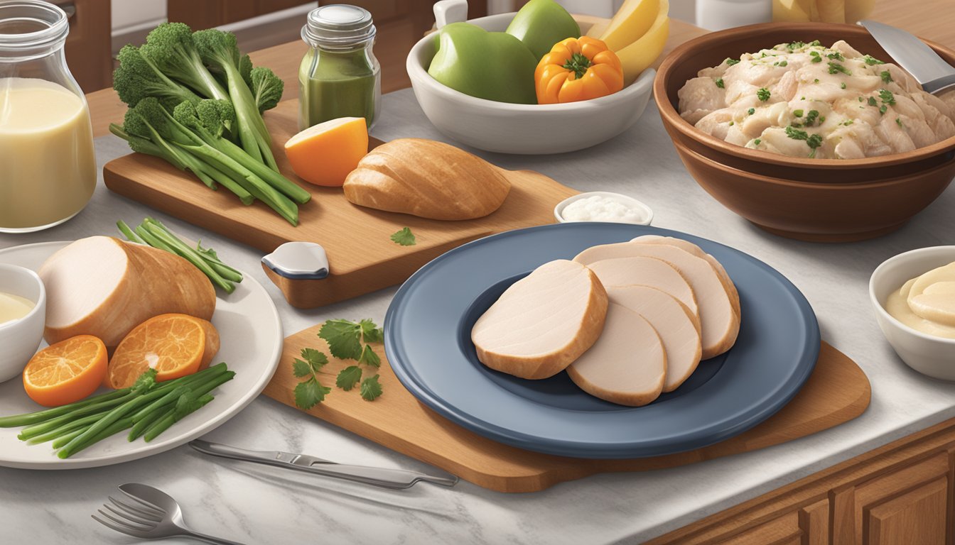 A package of Boston Market turkey breast medallions sits on a kitchen counter, surrounded by fresh ingredients and cooking utensils