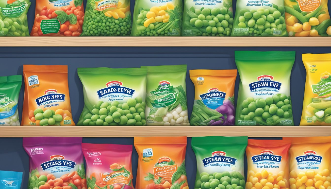 A bag of Birds Eye Steamfresh sweet peas sits on a pantry shelf, surrounded by other frozen vegetables. The packaging is bright and colorful, with a clear expiration date displayed prominently