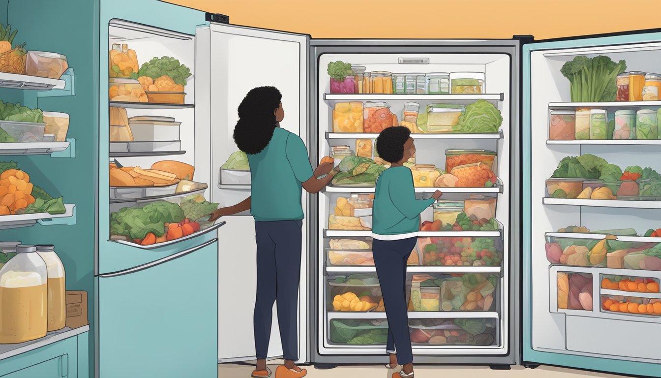 A person placing food into a community fridge in Quincy, MA. The fridge is filled with various items and is surrounded by a diverse group of people