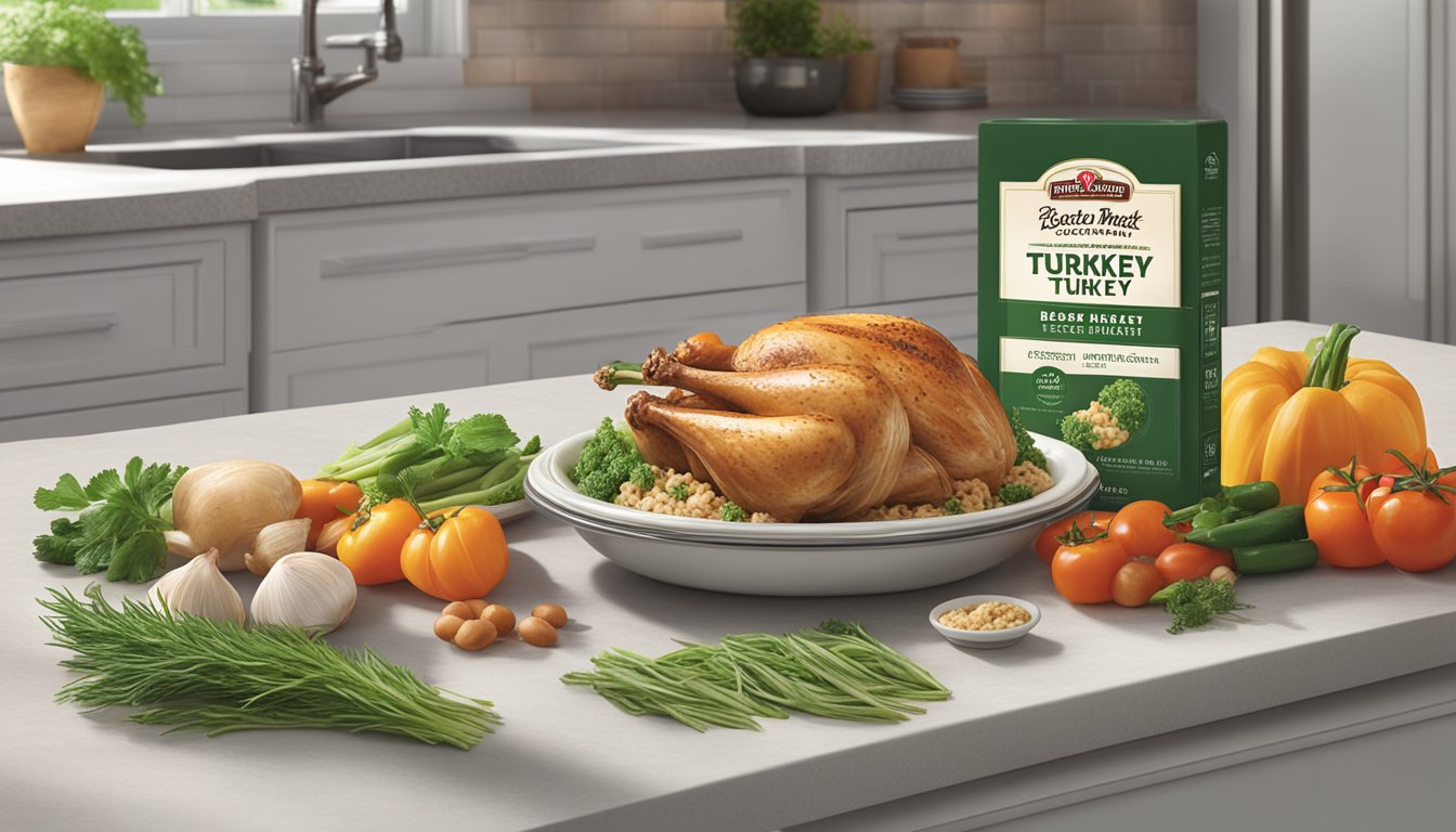 A package of Boston Market turkey breast medallions sits on a kitchen counter next to fresh herbs, vegetables, and a recipe book