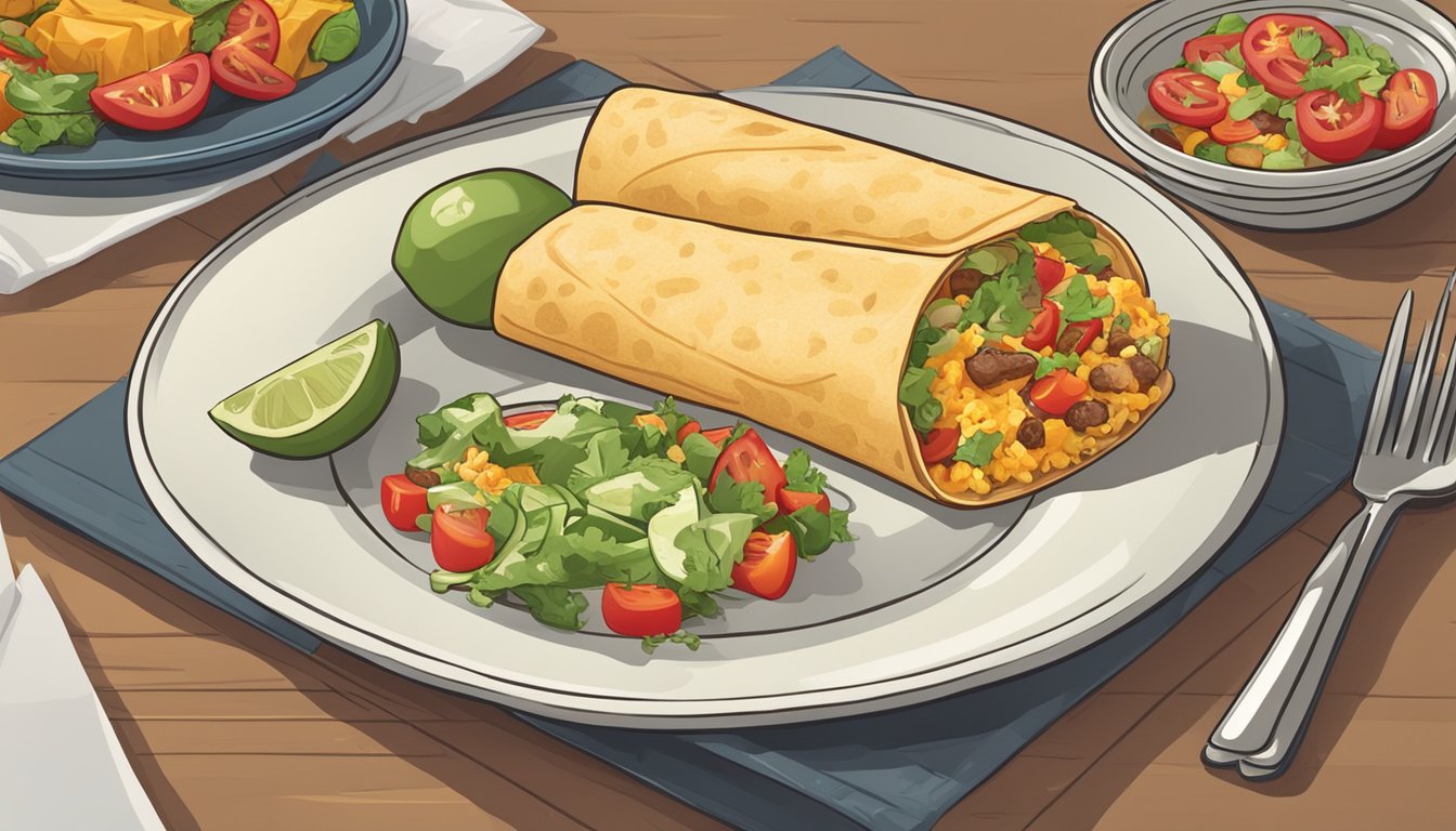 A plate of breakfast burritos sits on a kitchen counter, surrounded by fresh ingredients and a clock indicating the time passing