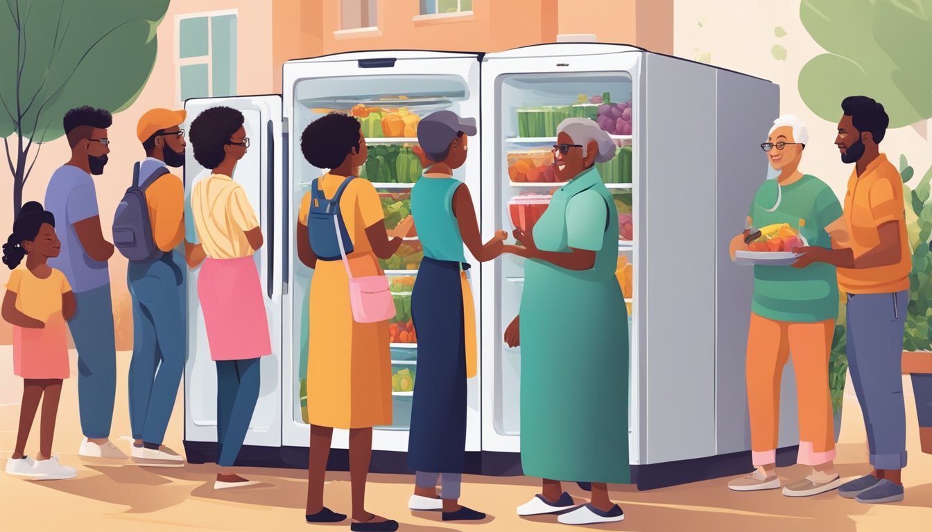 A diverse group of people from different backgrounds and ages gather around a brightly colored community fridge, exchanging food and conversation