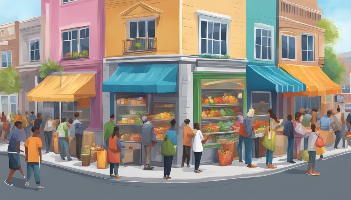 A bustling street corner with a colorful, decorated fridge surrounded by a diverse group of people donating and taking food