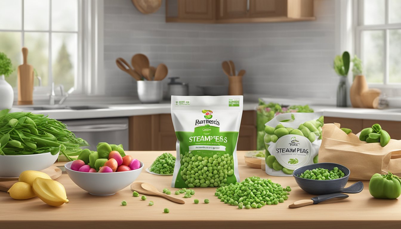 A bag of Birds Eye Steamfresh sweet peas sits on a kitchen counter, surrounded by fresh ingredients and cooking utensils