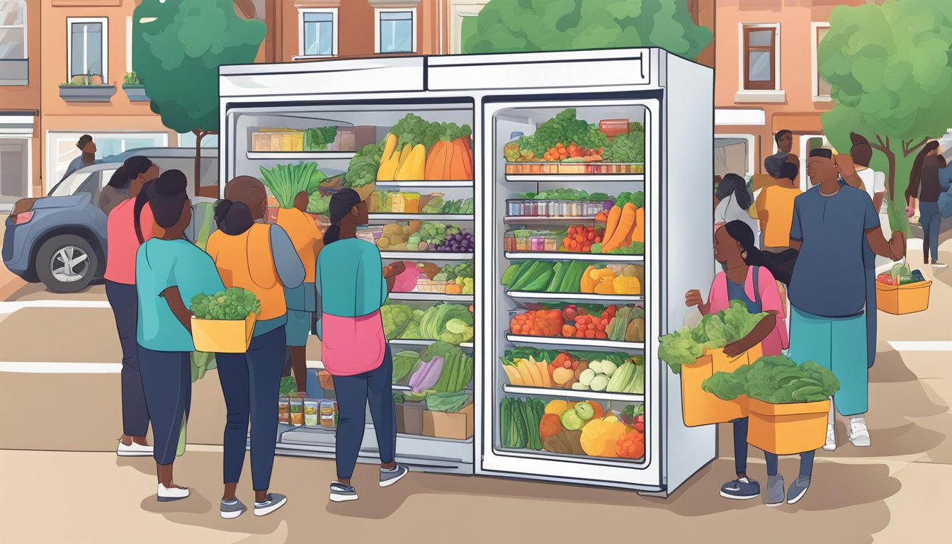 A brightly colored community fridge filled with fresh produce, canned goods, and other food items, surrounded by a diverse group of people accessing and restocking it