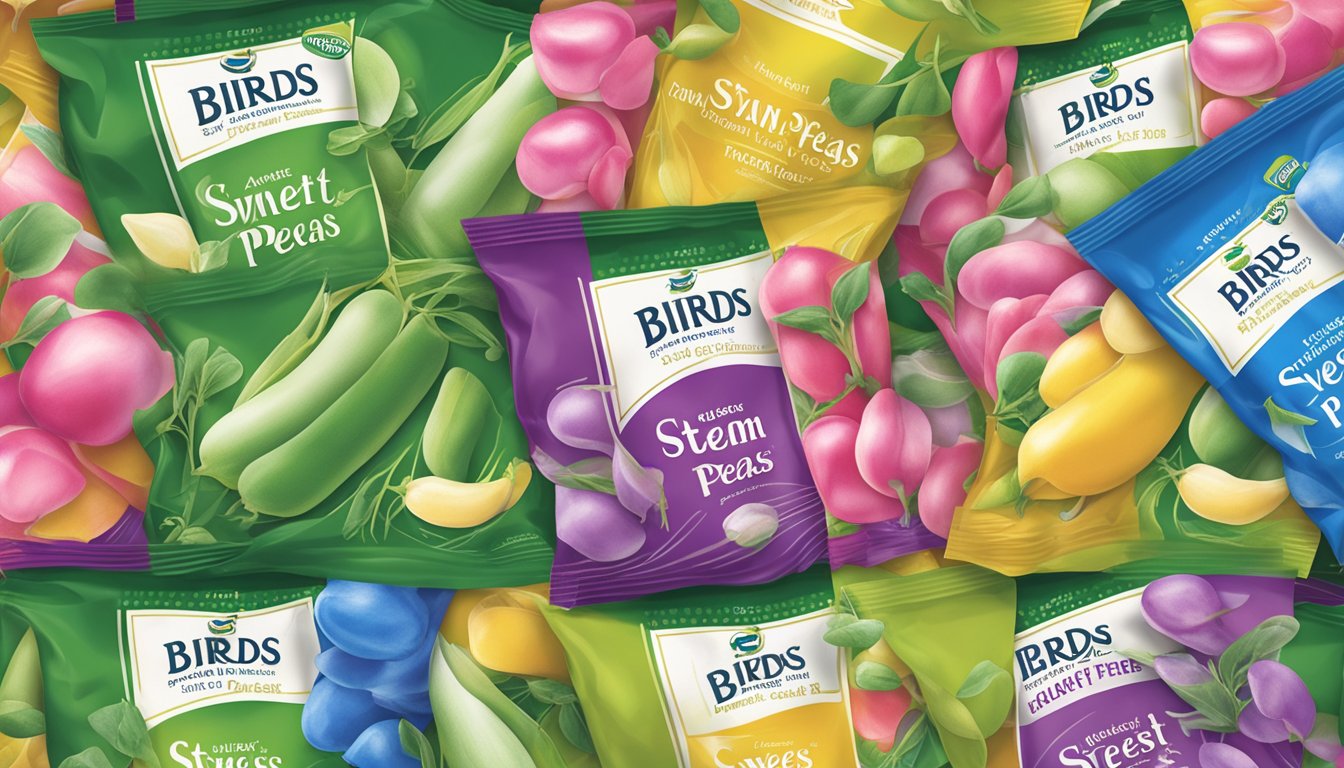 A variety of Birds Eye Steamfresh sweet peas in different packaging, with expiration dates visible