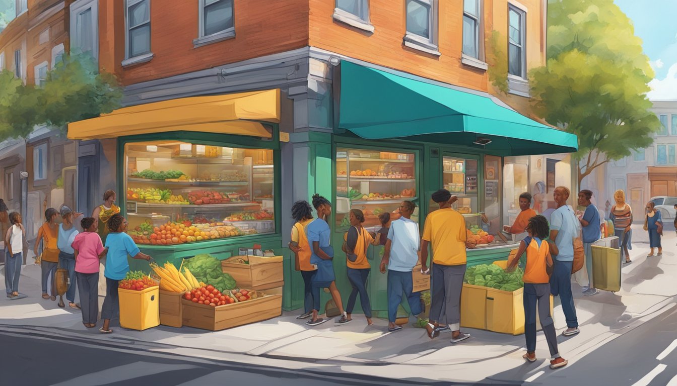 A bustling street corner with a colorful, graffiti-covered fridge filled with fresh produce and pantry items, surrounded by a diverse group of people exchanging food and conversation