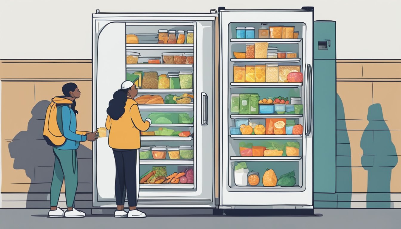 A person placing food inside a community fridge, while another person takes food out. The fridge is adorned with guidelines for donating and receiving