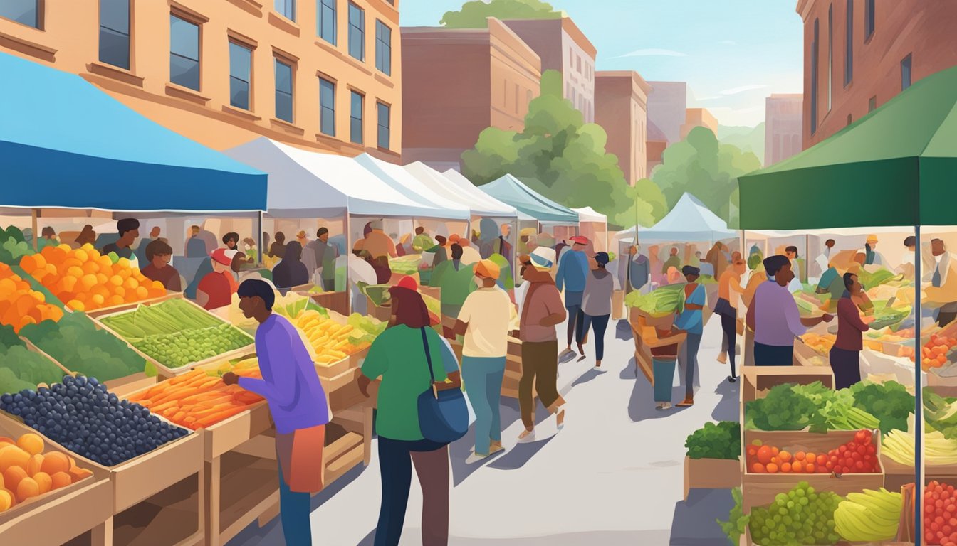 A bustling farmers market with colorful produce, local vendors, and community members exchanging goods