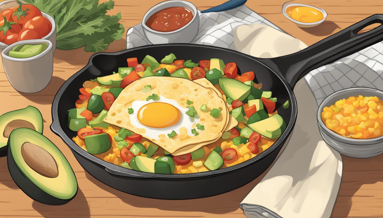 A sizzling skillet with eggs, cheese, and veggies spilling out of a folded tortilla, accompanied by a side of salsa and sliced avocado