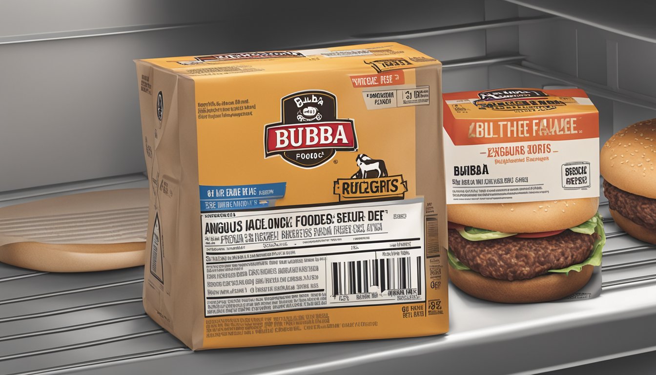 A package of Bubba Foods Angus Beef Burgers sits unopened in a refrigerator, with the expiration date clearly visible on the packaging