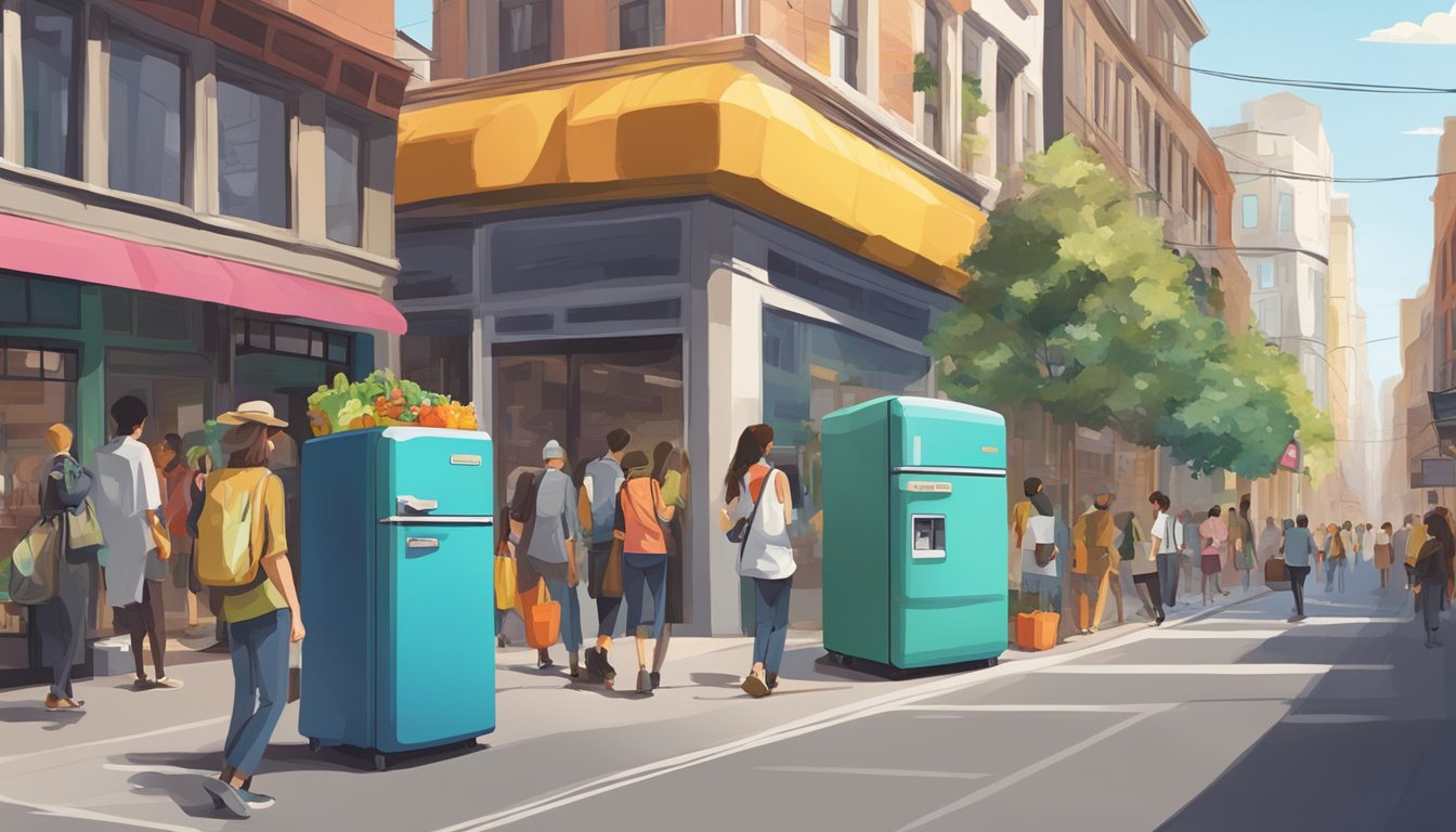 A bustling city street with a colorful community fridge, surrounded by diverse buildings and people passing by