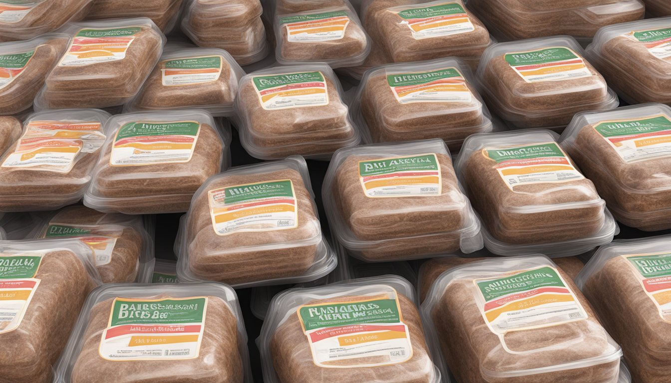 A freezer full of neatly stacked packages of Bubba Foods Angus beef burgers, with labels indicating the date of purchase for optimal storage and peak quality