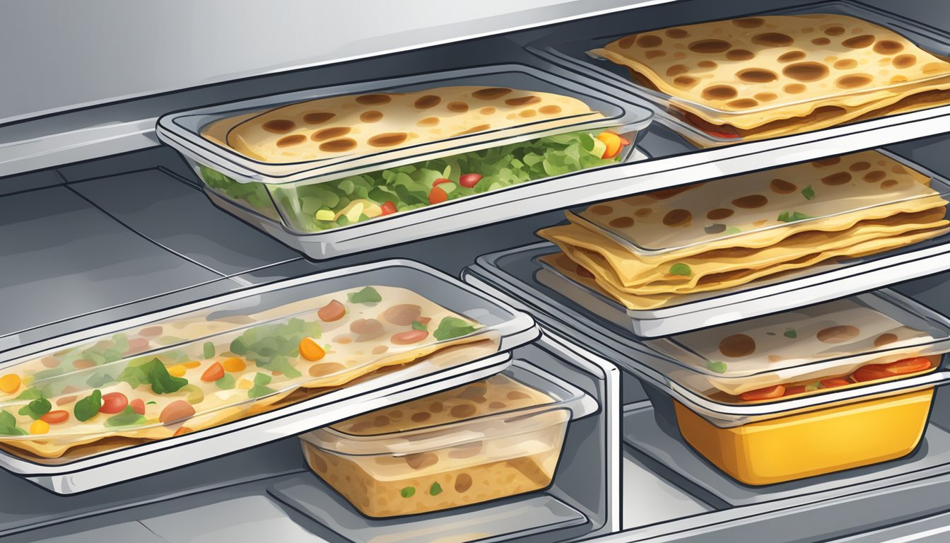 A stack of breakfast quesadillas in airtight containers, labeled with the date, stored in the refrigerator