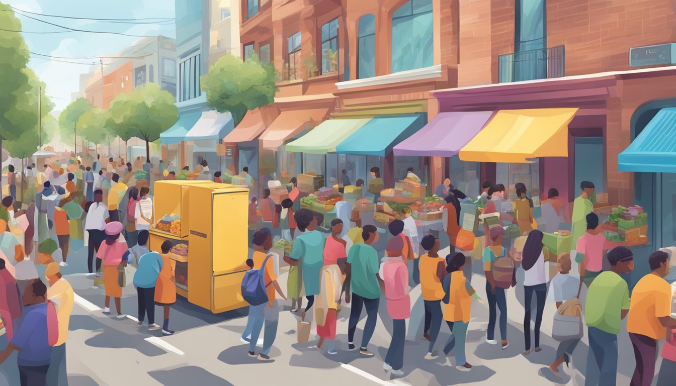 A bustling street with a colorful community fridge surrounded by people donating and taking food